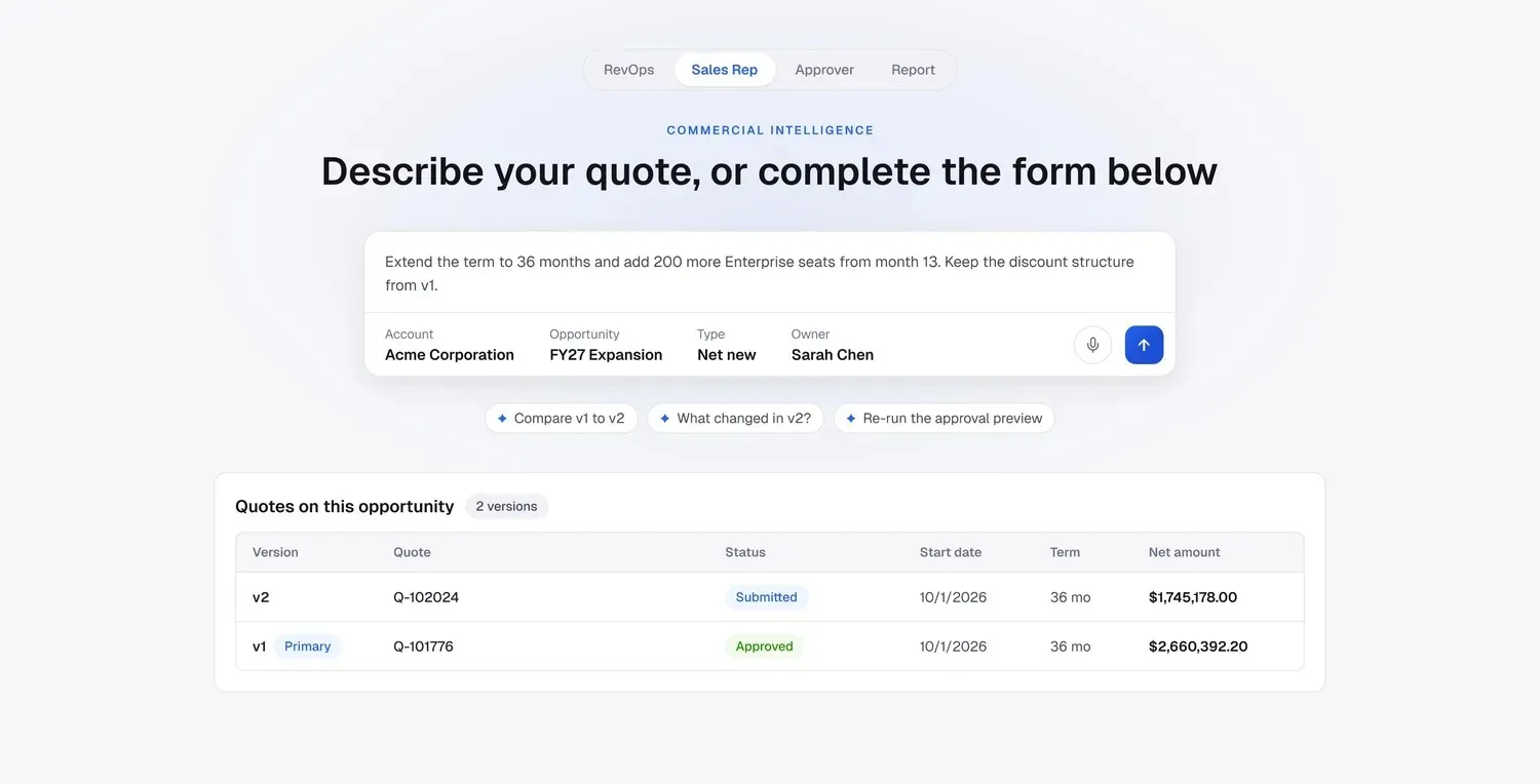 AI native quoting workspace where sellers create deals and CPQ administrators build bundles, pricing rules, and approval rules through natural language and editable tables.