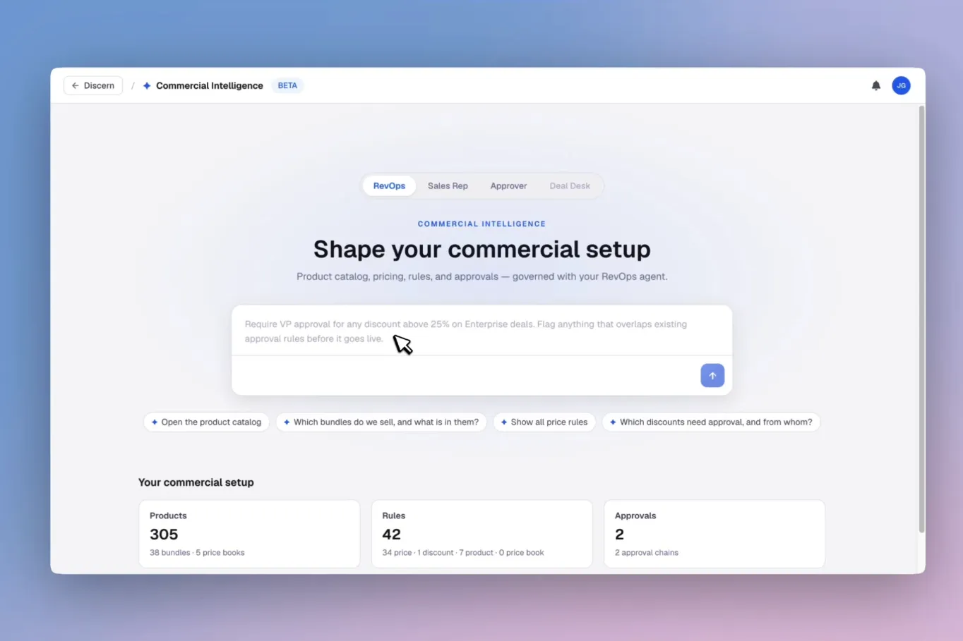 Discern Commercial Intelligence RevOps workspace: product catalog, pricing rules and approvals
