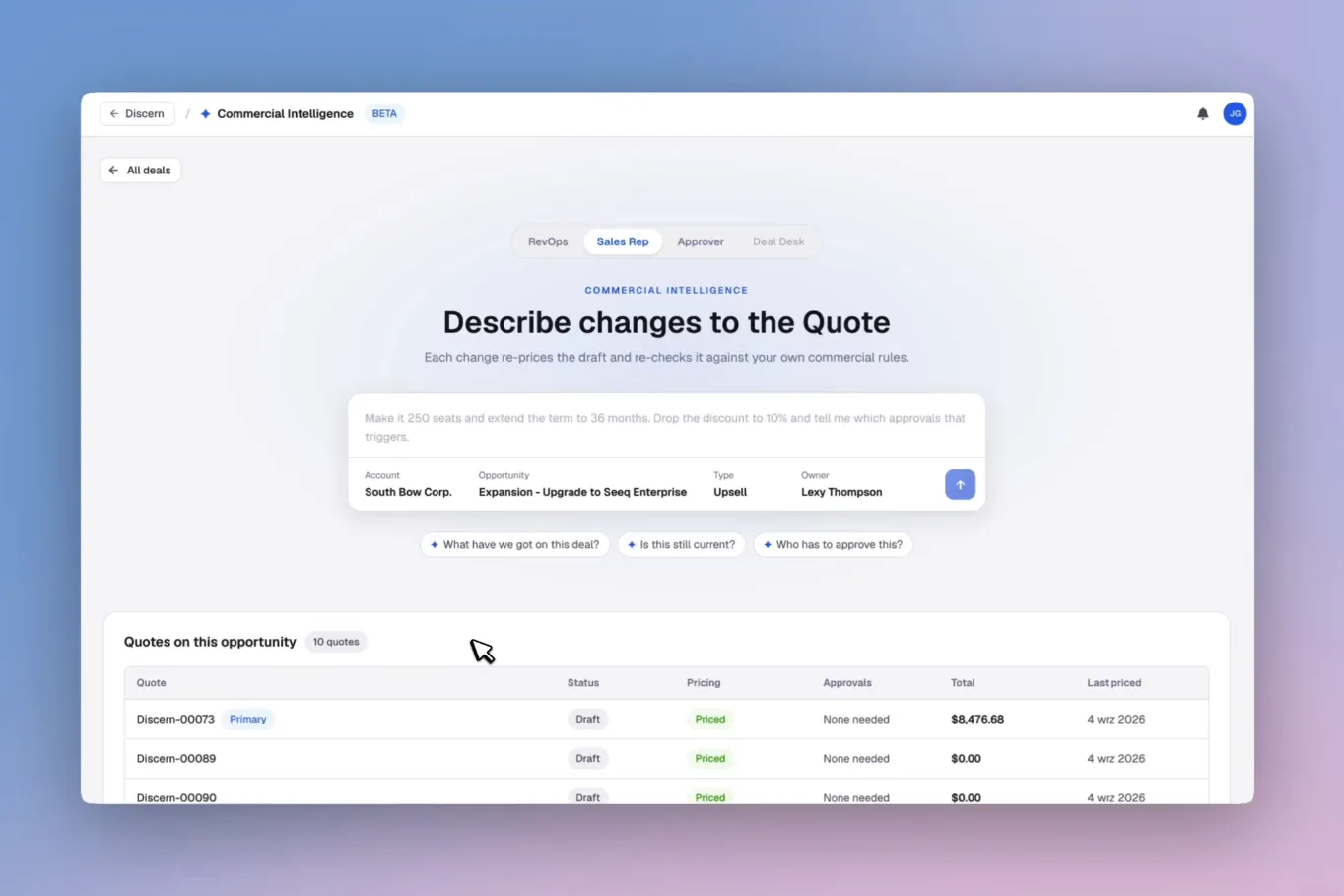 Discern Commercial Intelligence seller workspace: describing quote changes in natural language