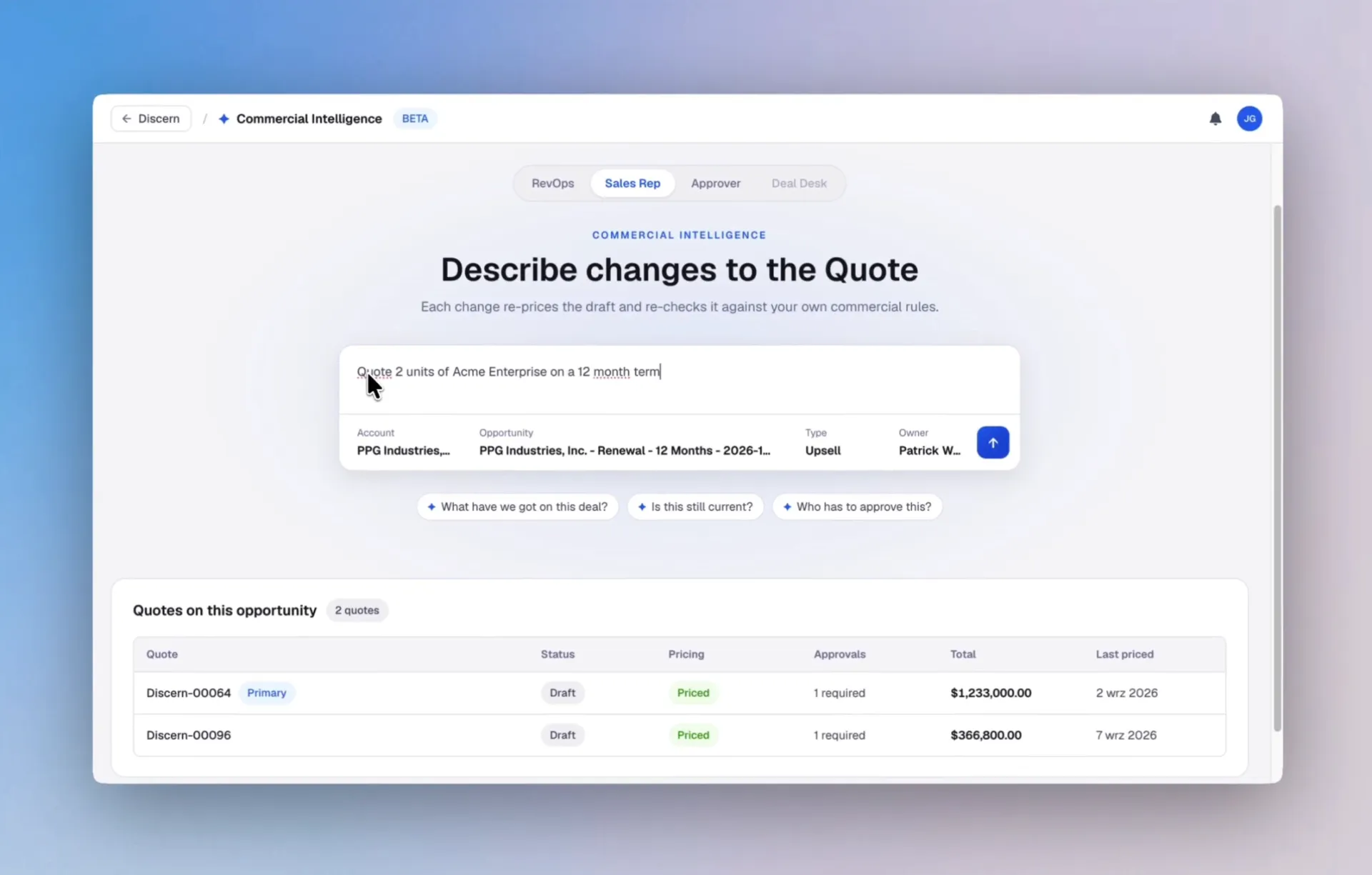 Discern Commercial Intelligence: describing changes to a quote in natural language, above the quotes on the opportunity