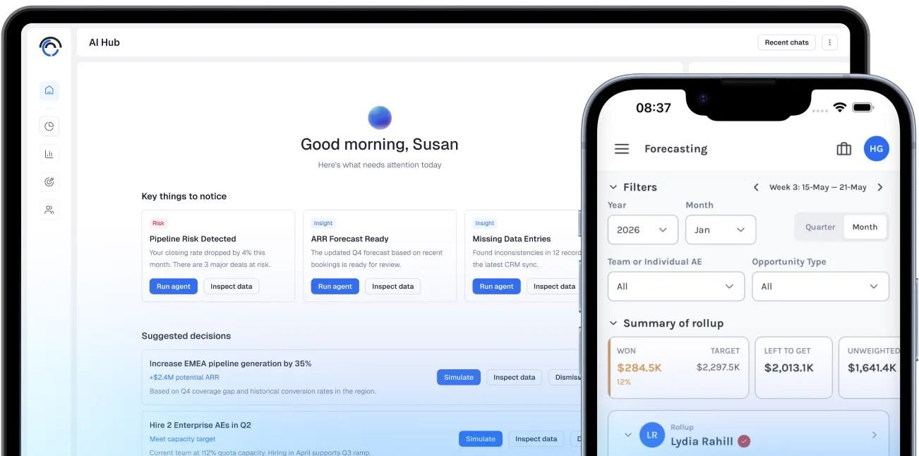 The Discern AI Hub dashboard and mobile app showing board-ready revenue analytics and forecasting.