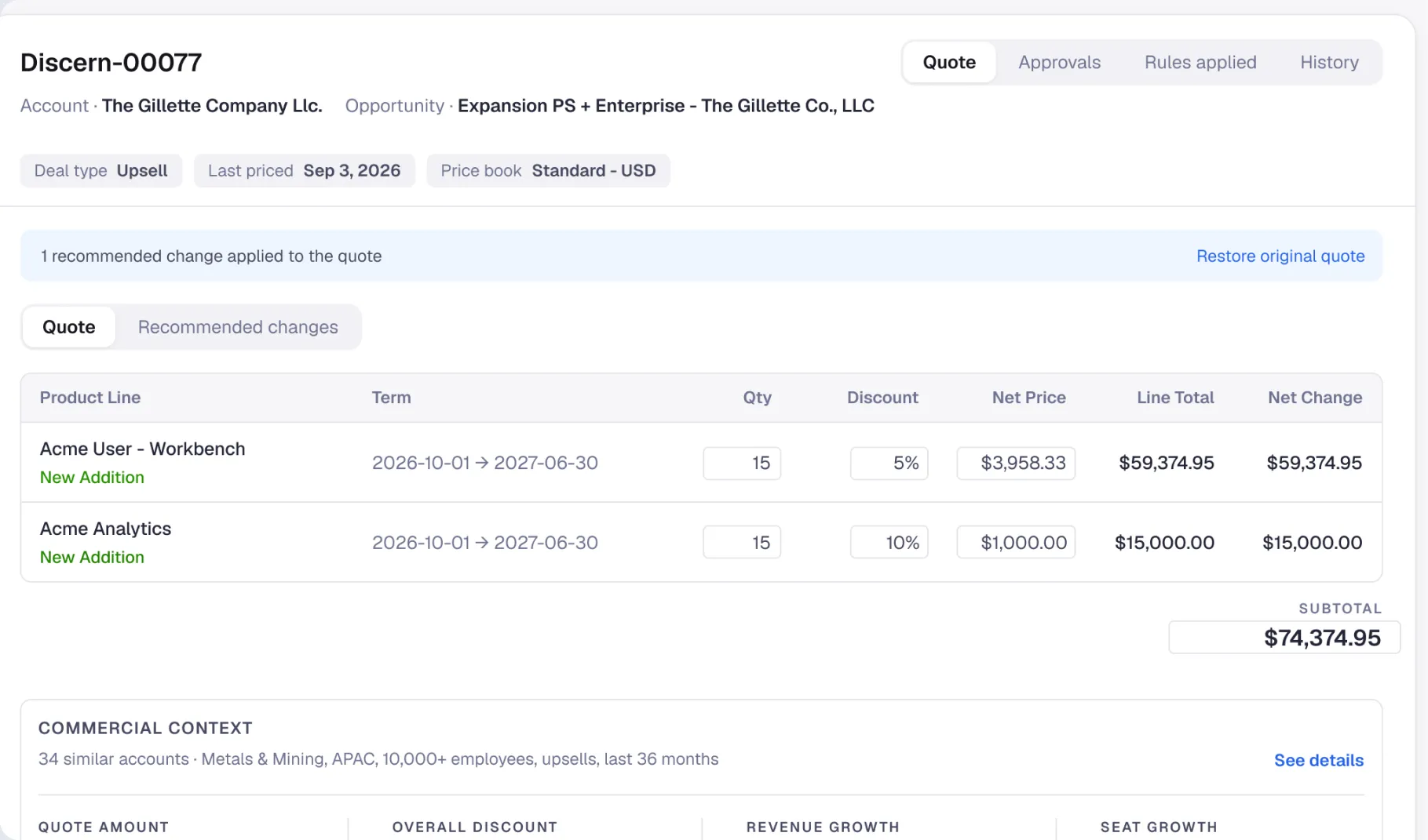 Discern quote with one recommended change applied, subtotal $74,374.95